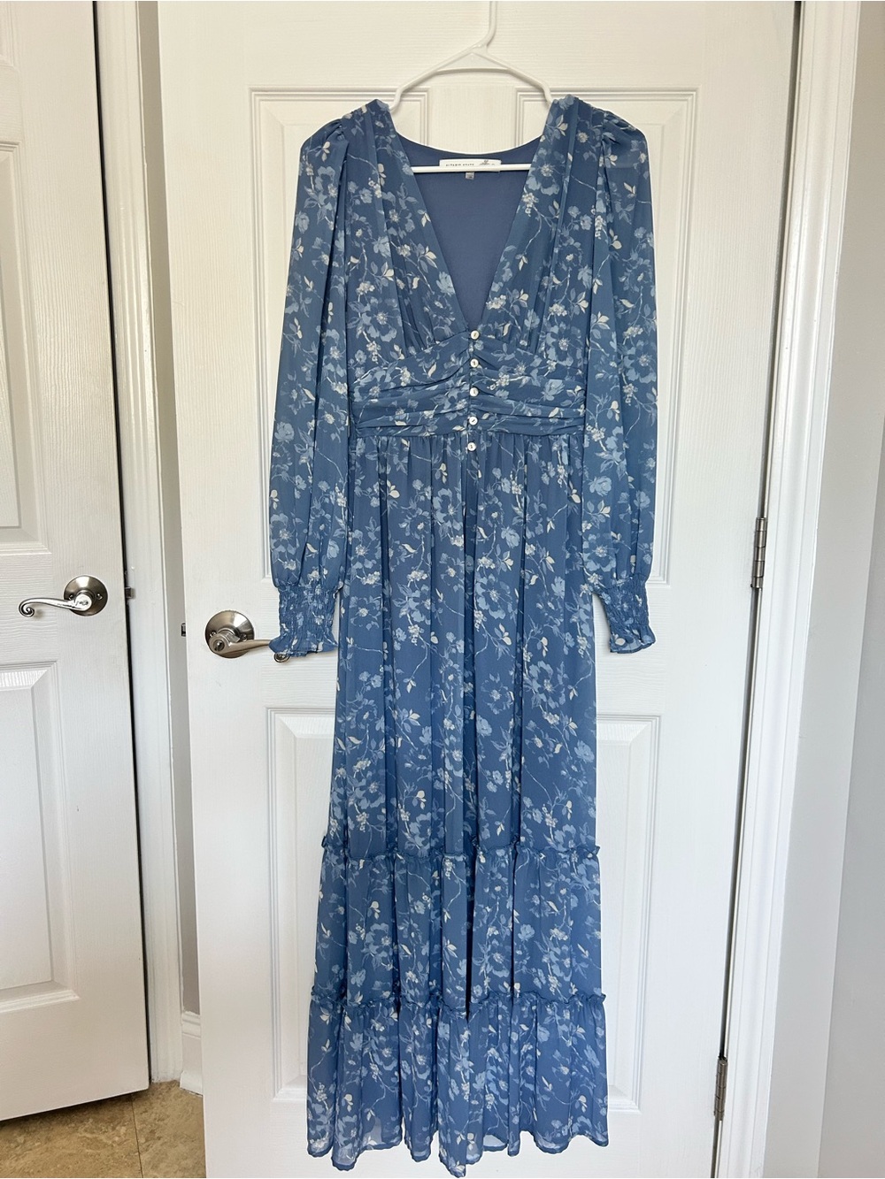 Altar'd State Dusty Blue Floral V-Neck Tiered Maxi Dress